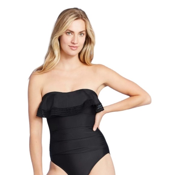 NWT Kona Sol Women's Crochet Flounce Bandeau One Piece Swimsuit Black Size M - Picture 1 of 12
